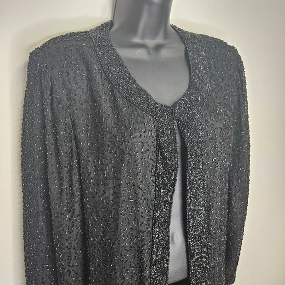 VTG 80s 90s FREESHA Beaded Sequins Duster Jacket M Black Holiday Party - Picture 4 of 5